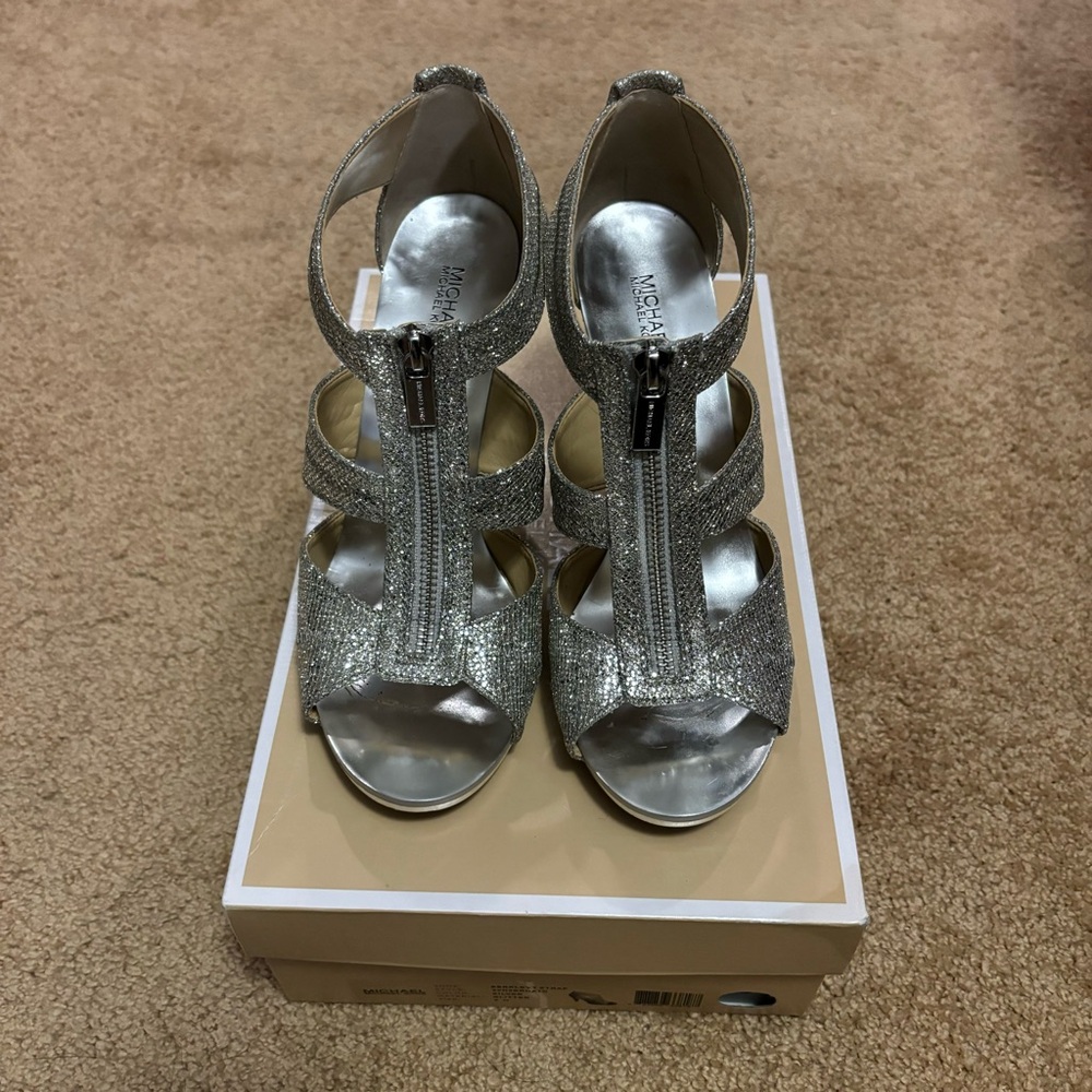 Michael Kors Berkeley T Strap Silver Glitter Heels